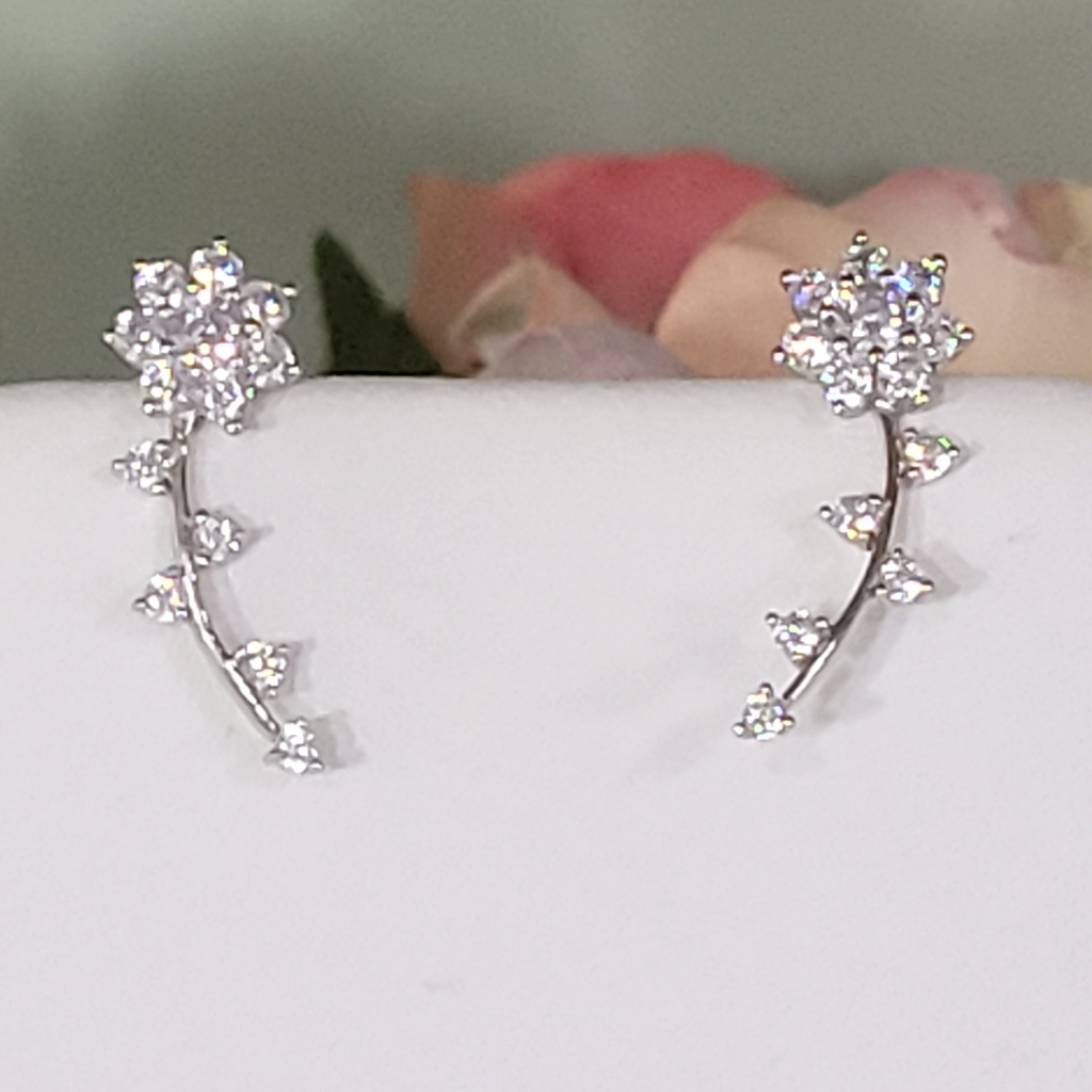 Sale Sterling Silver Vintage Signed Paj Flower Stem Earring W Cz